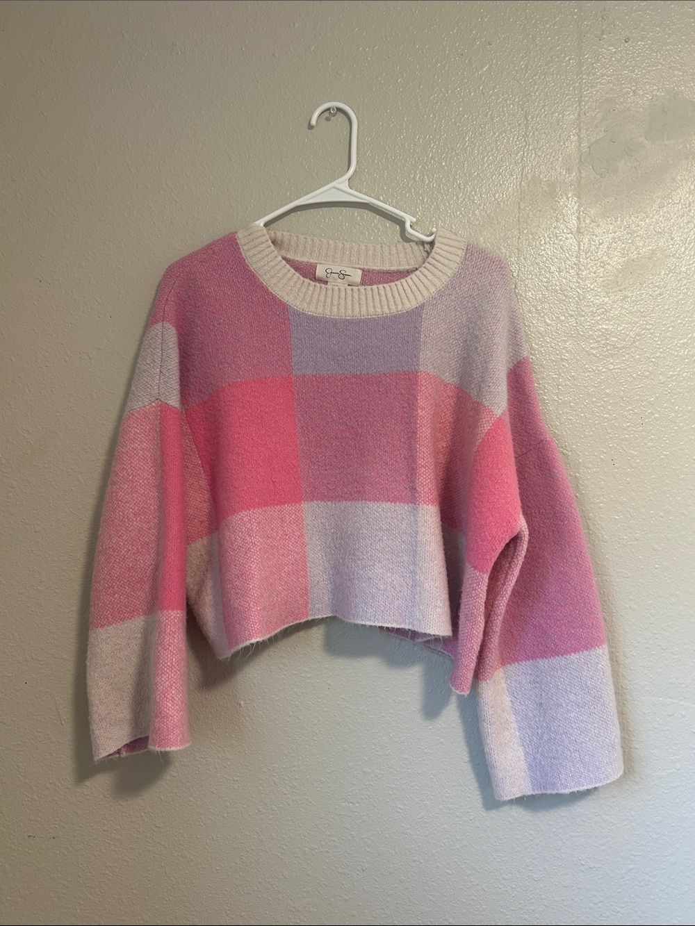 Cozy Pink & Purple Plaid Cropped Sweater